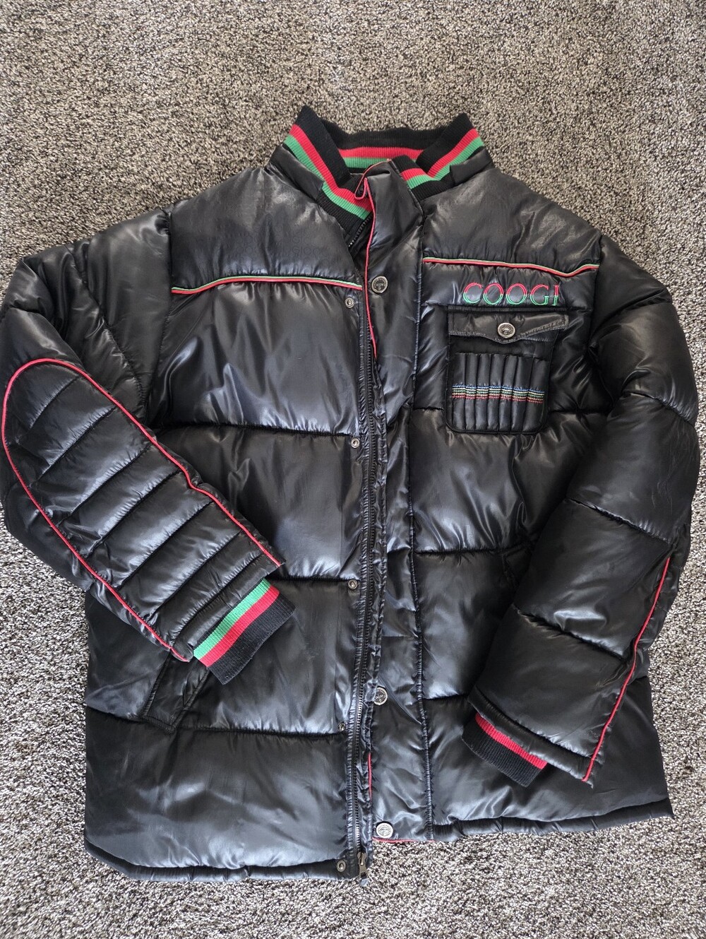 COOGI Black Quilted Puffer Jacket with Green & Red Trim